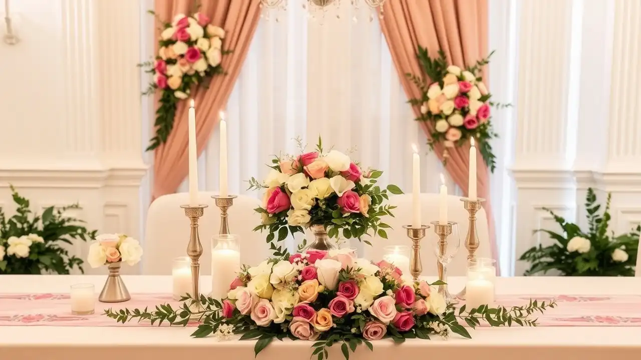 Một bàn tiệc cưới được trang trí đẹp mắt với hoa và nến.