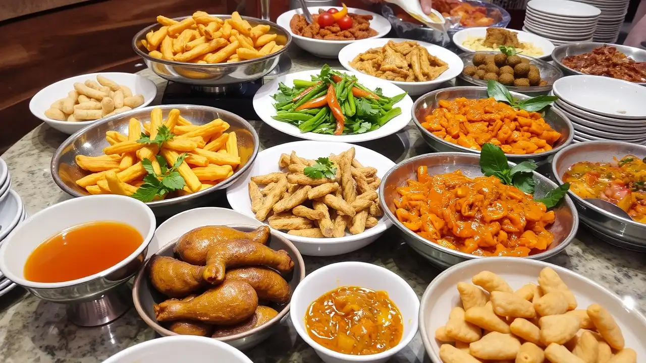 Nhiều món ăn ngon được sắp xếp trên một bàn tiệc tự chọn.