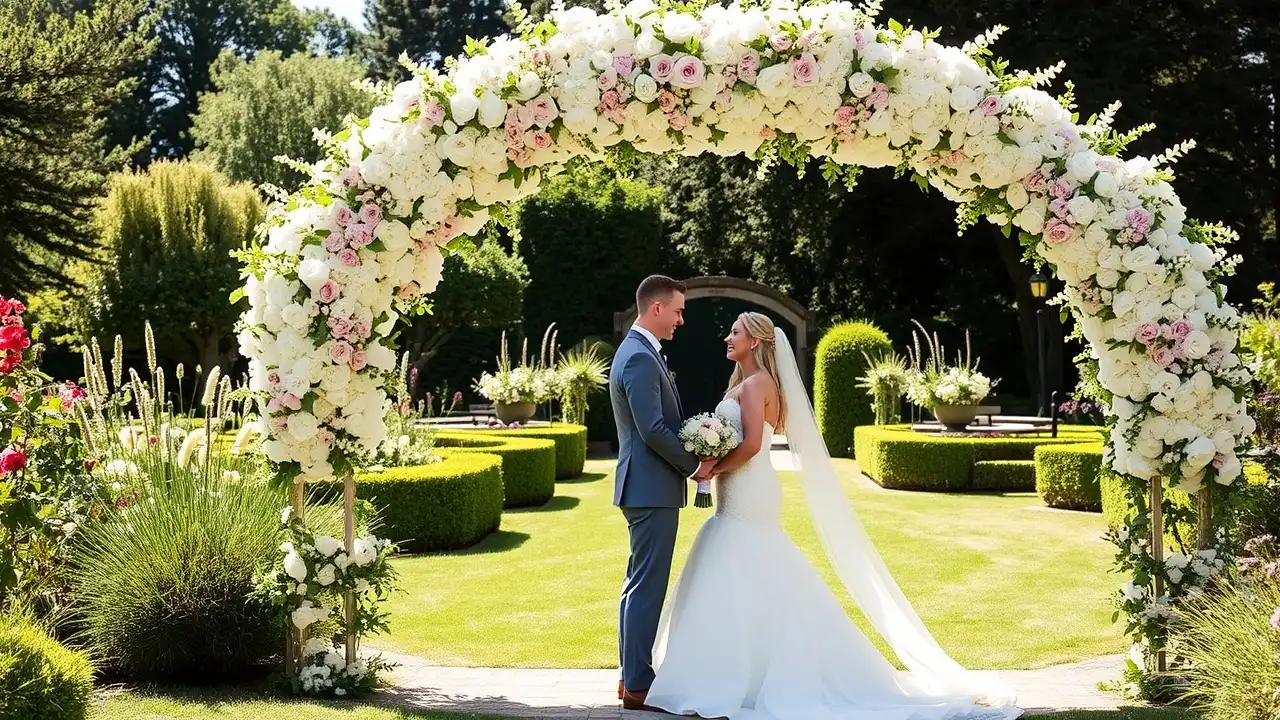 Cô dâu và chú rể đứng dưới một vòm hoa lớn trong vườn nắng