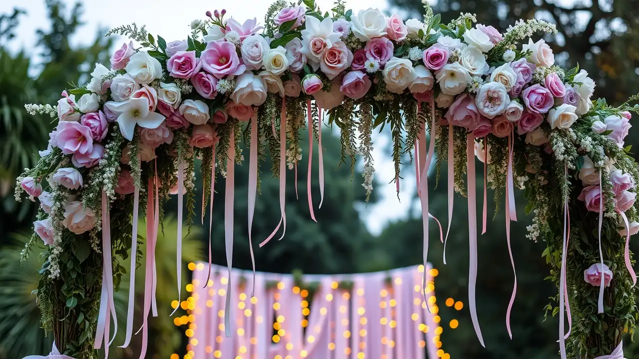 Một cổng hoa màu pastel với ruy băng treo và đèn vàng ấm