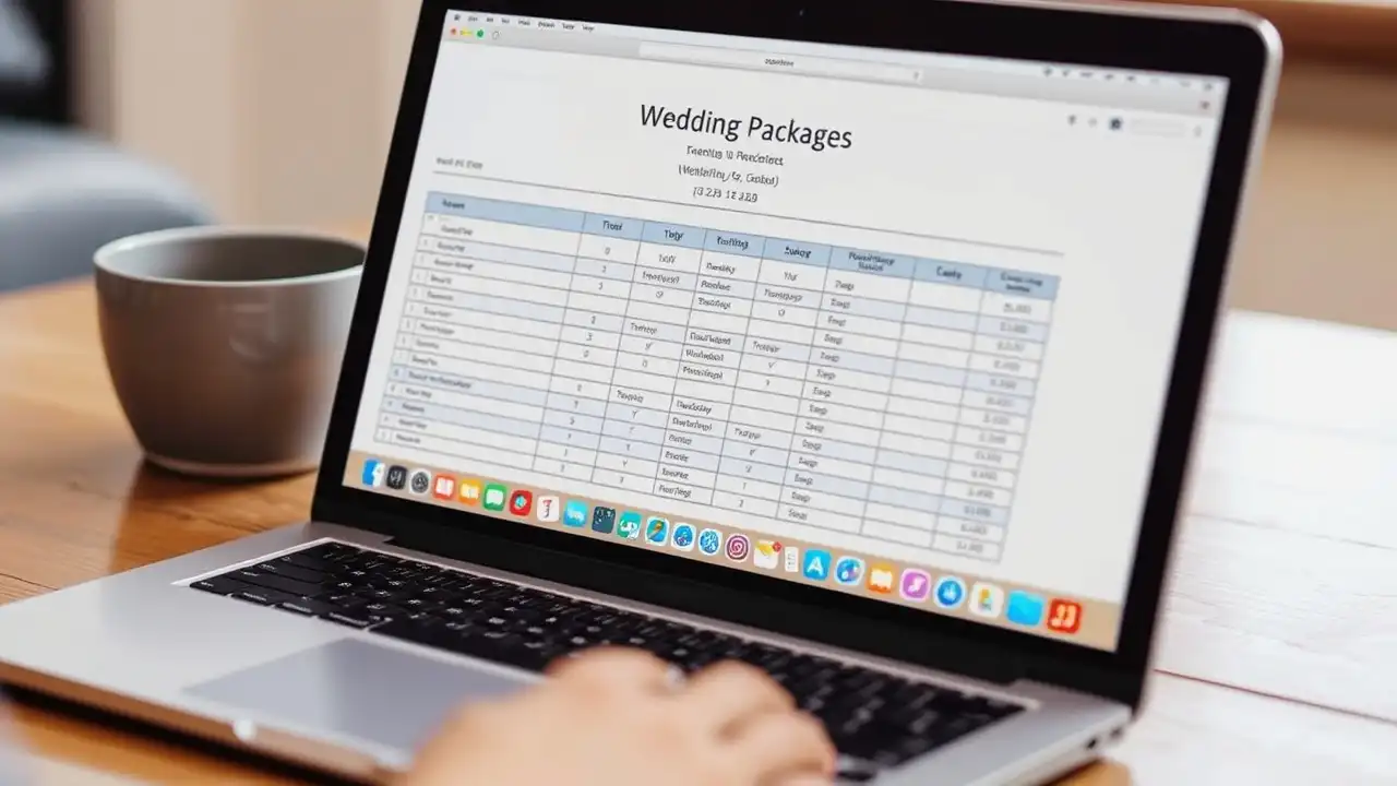 Màn hình laptop hiển thị bảng tính gói tiệc cưới.